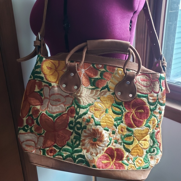 Floral Yellow Tan Orange Green Handmade Embroidered...